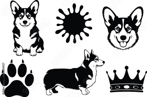 Charming pembroke welsh corgi collection featuring cute dog portraits paw print crown splatter and full body silhouette