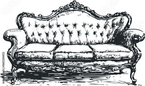 Antique Tufted Sofa Sketch with Ornate Carved Wood Frame