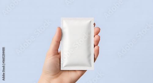 Hand holding white sachet packet against light blue background