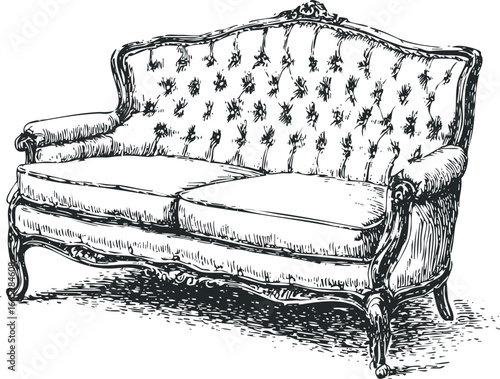 Antique Chesterfield Sofa Drawing with Tufted Upholstery and Carved Wooden Legs
