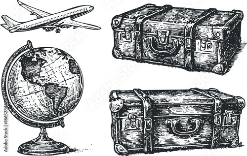 Vintage airplane and trunks with globe for travel and adventure