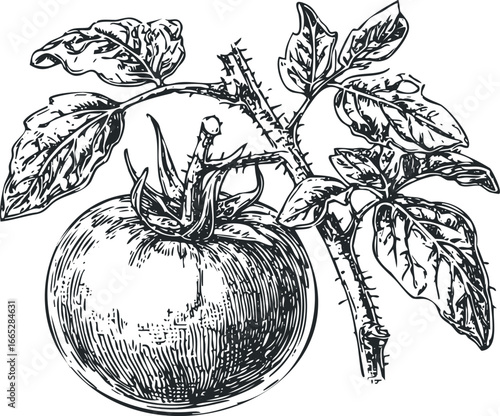 Line drawing of a ripe tomato on a vine with leaves