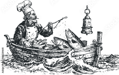 Chef fishing from boat filled with fish and water waves