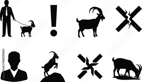 Collection of diverse goat silhouettes and human figure icons representing farm life and animal husbandry concepts