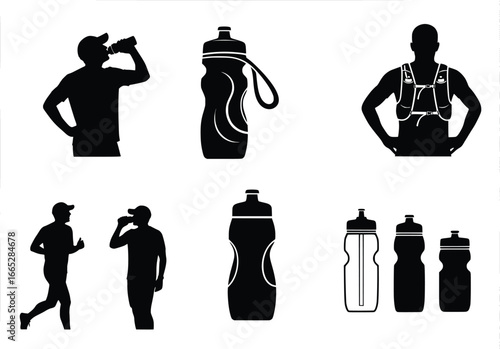 Active lifestyle silhouette set featuring runners hydrating and various sports water bottles for fitness and health concepts