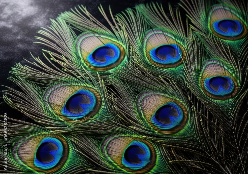 Obraz premium Close up of iridescent peacock feathers with intricate eye patterns in vibrant colors