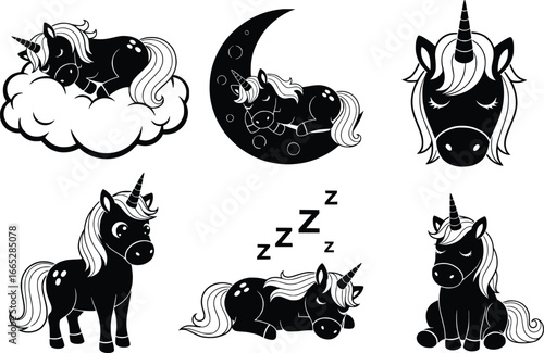 Whimsical unicorn silhouettes collection peaceful sleeping creatures enchanting mythical horses cloud moon dreamy nursery art