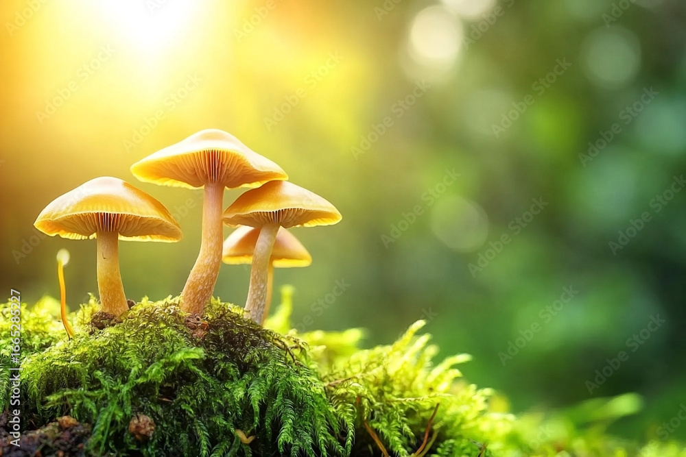 Fototapeta premium Radiant cluster of mushrooms on moss in glowing forest sunlight