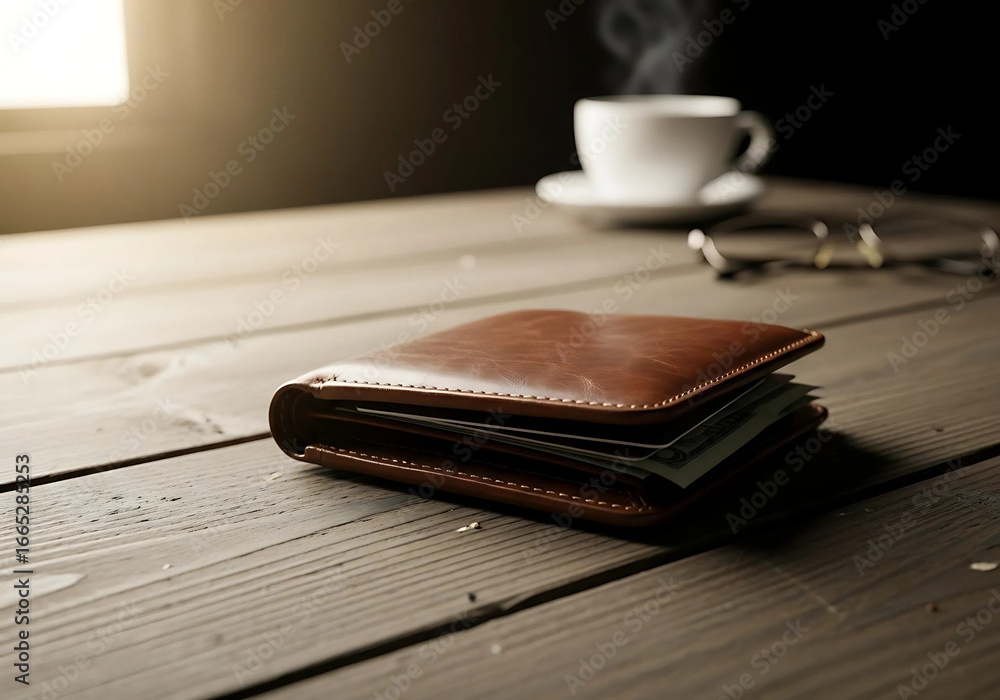 Naklejka premium Brown wallet coffee and glasses on a wooden surface top