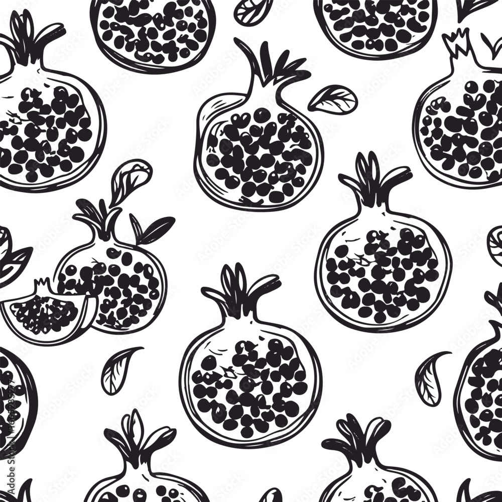 Fototapeta premium Pomegranate Fruit Doodle Pattern, bold thick solid black hand-drawn pomegranate shapes with organic curves, minimal high-visibility line art, plain white background, repeatable vector for skincare and