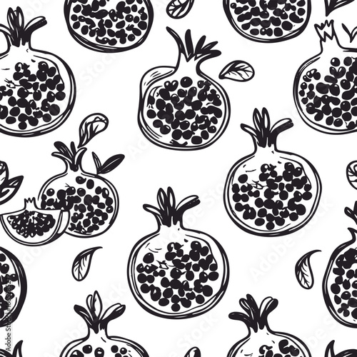 Pomegranate Fruit Doodle Pattern, bold thick solid black hand-drawn pomegranate shapes with organic curves, minimal high-visibility line art, plain white background, repeatable vector for skincare and