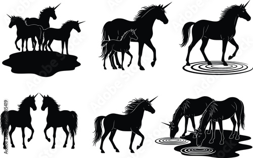 Majestic silhouette unicorn herd collection enchanting mythical creatures galloping gracefully in various poses and scenes