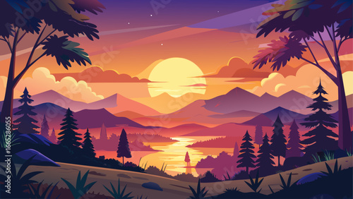 Majestic Dandeli sunset paints horizon in mesmerizing hues, golden light shimmering across sky, silhouette whispers calm, eternal beauty radiates softly, timeless glow inspires peace, harmony between 