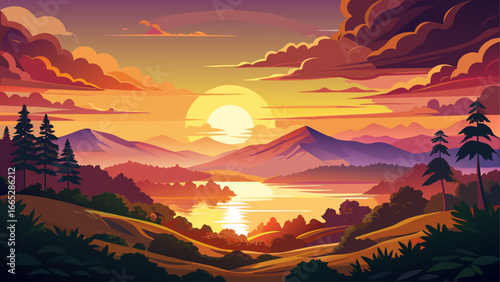 Majestic Dandeli sunset paints horizon in mesmerizing hues, golden light shimmering across sky, silhouette whispers calm, eternal beauty radiates softly, timeless glow inspires peace, harmony between 