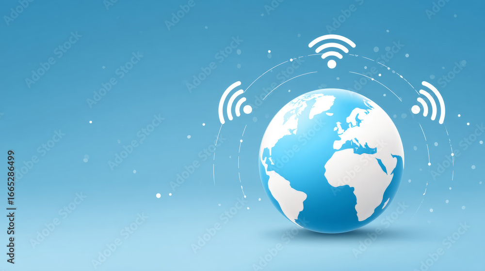 Fototapeta premium Global connectivity concept with earth and wifi symbols on blue background