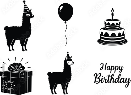 Cute llama birthday party celebration set featuring llamas wearing party hats balloons and gift boxes with happy birthday text