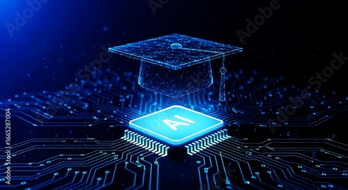 A digital, low-poly graduation cap rests above a glowing microchip labeled 