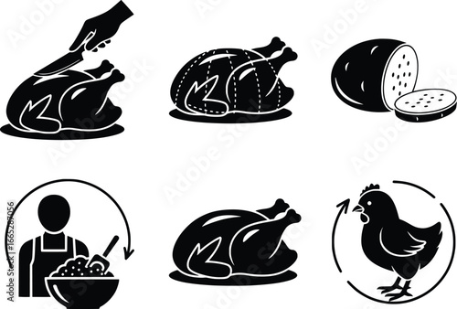 Collection of culinary food icons featuring roasted chicken preparation and poultry elements for food service businesses
