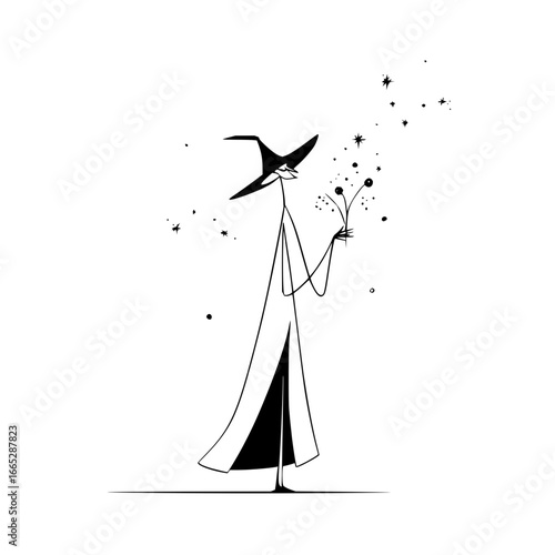 Minimalist witch illustration with magic spells and stars for halloween themed graphic design projects art prints and decor