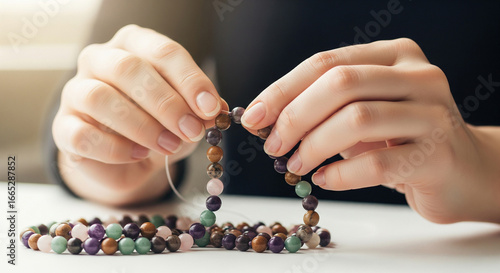 hands stringing gemstone beads on cord, handmade jewelry artisan