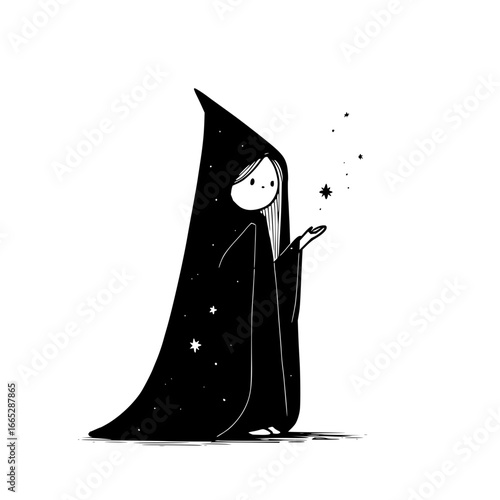 Whimsical star witch illustration drawing of a celestial sorceress casting spells with magical stardust art