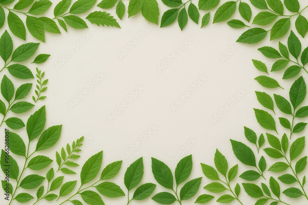 Fototapeta premium Green leaves creating a frame on light background