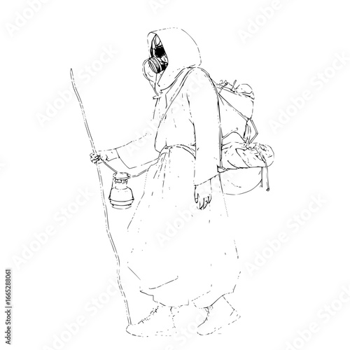 Post apocalyptic wanderer with gas mask and lantern digital art vector illustration drawing line art style 100