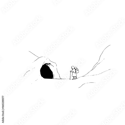 Illustration of a hiker exploring a cave adventure travel and outdoor recreation in minimalist style drawing art