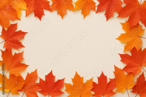 Colorful autumn maple leaves frame on beige background