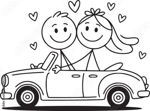 Love's Getaway: A cartoon couple celebrates their love in a classic car, hearts floating above in this whimsical illustration. 