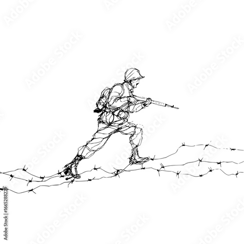 Sketch of soldier in action crossing barbed wire fence black and white war drawing military illustration art 100