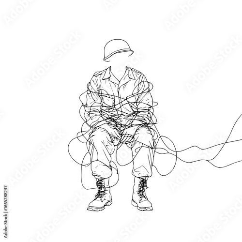 Line art drawing of a soldier with ptsd and mental health issues in black and white simple illustration