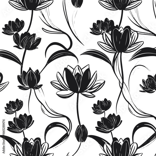 Seamless Lotus Flower Doodle Pattern, bold thick solid black petals and flowing lines, elegant minimal abstract vector, high visibility, plain white background, no texture, tileable repeat 2