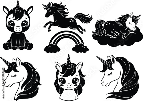 Magical unicorn silhouette collection featuring cute baby unicorns and majestic adult unicorns with rainbow and clouds for fantasy design elements