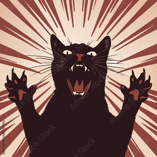 Screaming Angry Black Cat Retro Vector Illustration for Poster Design