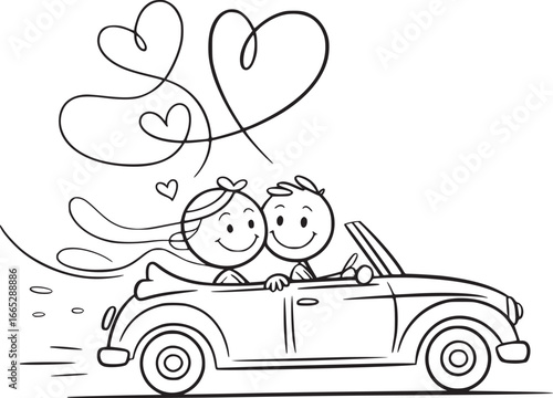 Wedding Ride to Forever: In a delightful sketch, a just-married couple embarks on their journey, joyfully driving off in a classic car, hearts trailing overhead.