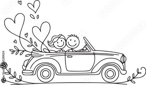 Wedding Car with Hearts: A charming sketch captures the joy of newly weds, a couple joyfully driving a convertible car adorned with hearts, flowers, and vines.