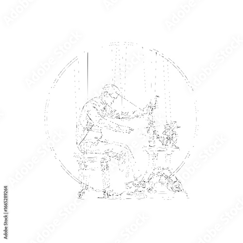 Vintage machinist illustration: man operating lathe machine for metalworking and manufacturing process