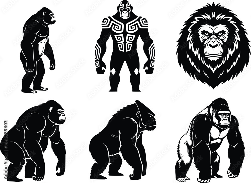 Fototapeta premium Collection of six distinct gorilla silhouettes featuring various poses and a detailed gorilla head design