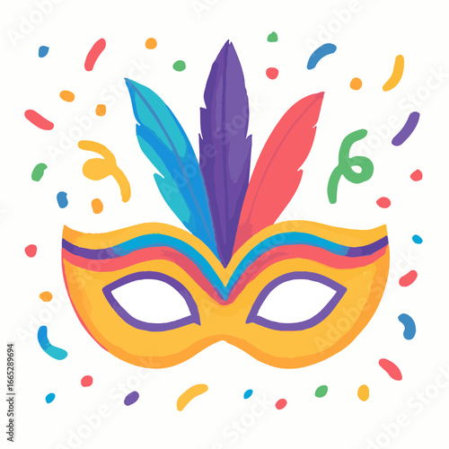 Colorful carnival mask with feathers and confetti, festive illustration, masquerade icon