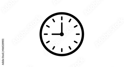 Simple black and white clock icon showing the time at 9 o’clock, representing time management, punctuality, scheduling, deadlines, timekeeping, organization, and planning in everyday life and professi
