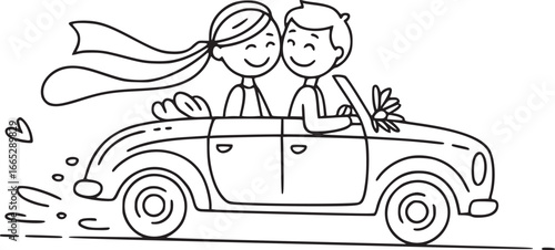 Wedding joy ride: A newlywed couple joyfully drives off in a classic car, celebrating their union with smiles and hearts, creating a delightful moment of love and happiness.