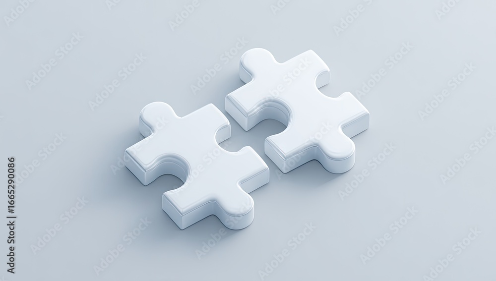 Obraz premium Two white puzzle pieces, slightly angled, joined at their interlocking edges, on a light gray background