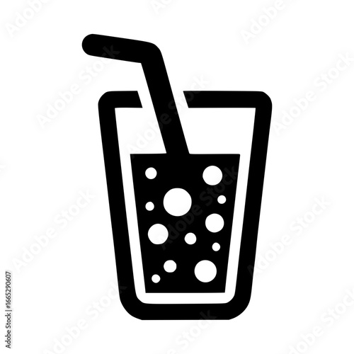 a beverage glass with a straw and bubbles,black vector icon with transparent background 
