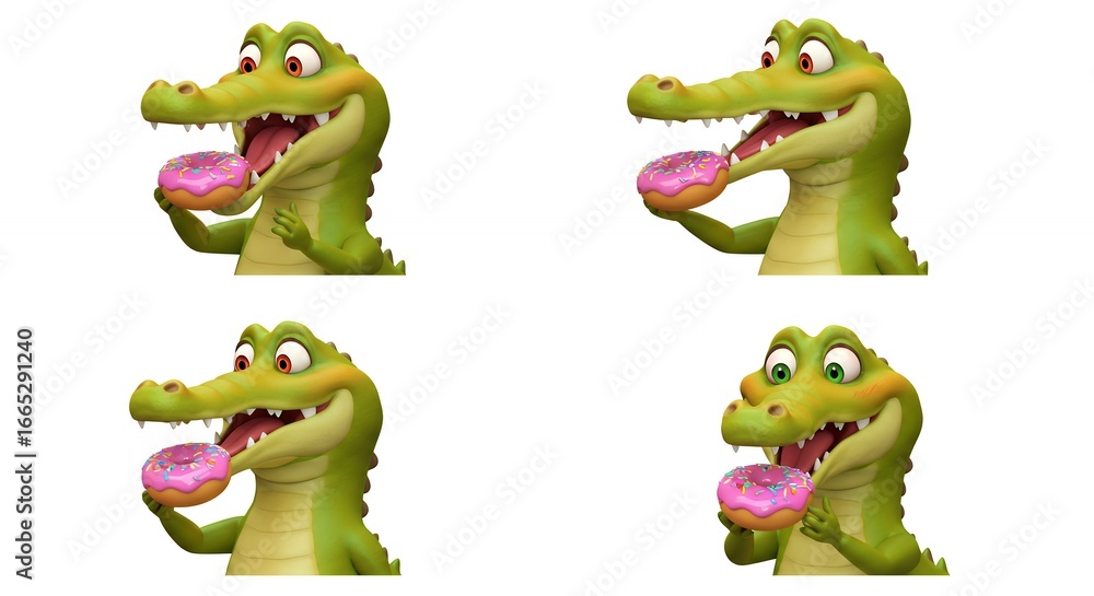 Obraz premium Cartoon crocodile eating doughnut illustration design