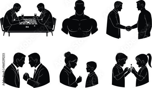 Diverse silhouettes depicting human interactions business family and leisure activities collection