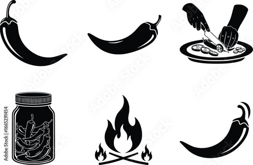 Collection of six silhouette icons featuring spicy chili peppers food preparation and fire elements for culinary themes