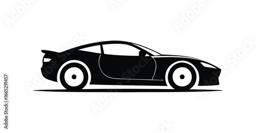  Black silhouette of sports car with aerodynamic profile and bold wheel accents, symbolizing speed, luxury, performance, and automotive design