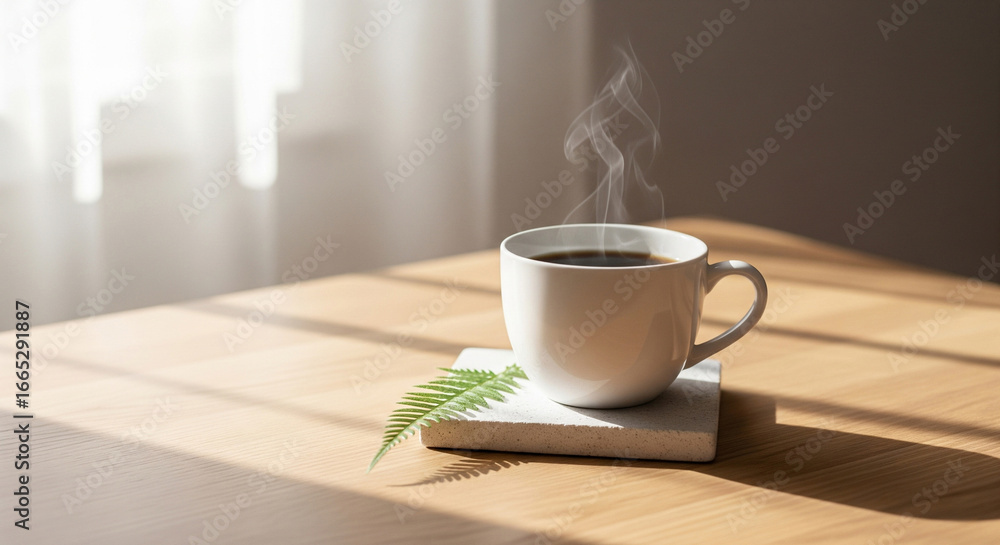 Fototapeta premium Steaming cup of coffee or tea sitting on a wooden coaster or surface in a bright, sunlit interior.