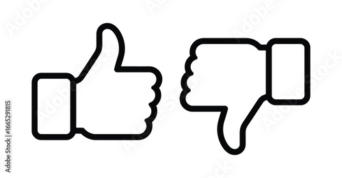  Black outline icons of thumbs up and thumbs down on white background, symbolizing approval, disapproval, feedback, and opinion
